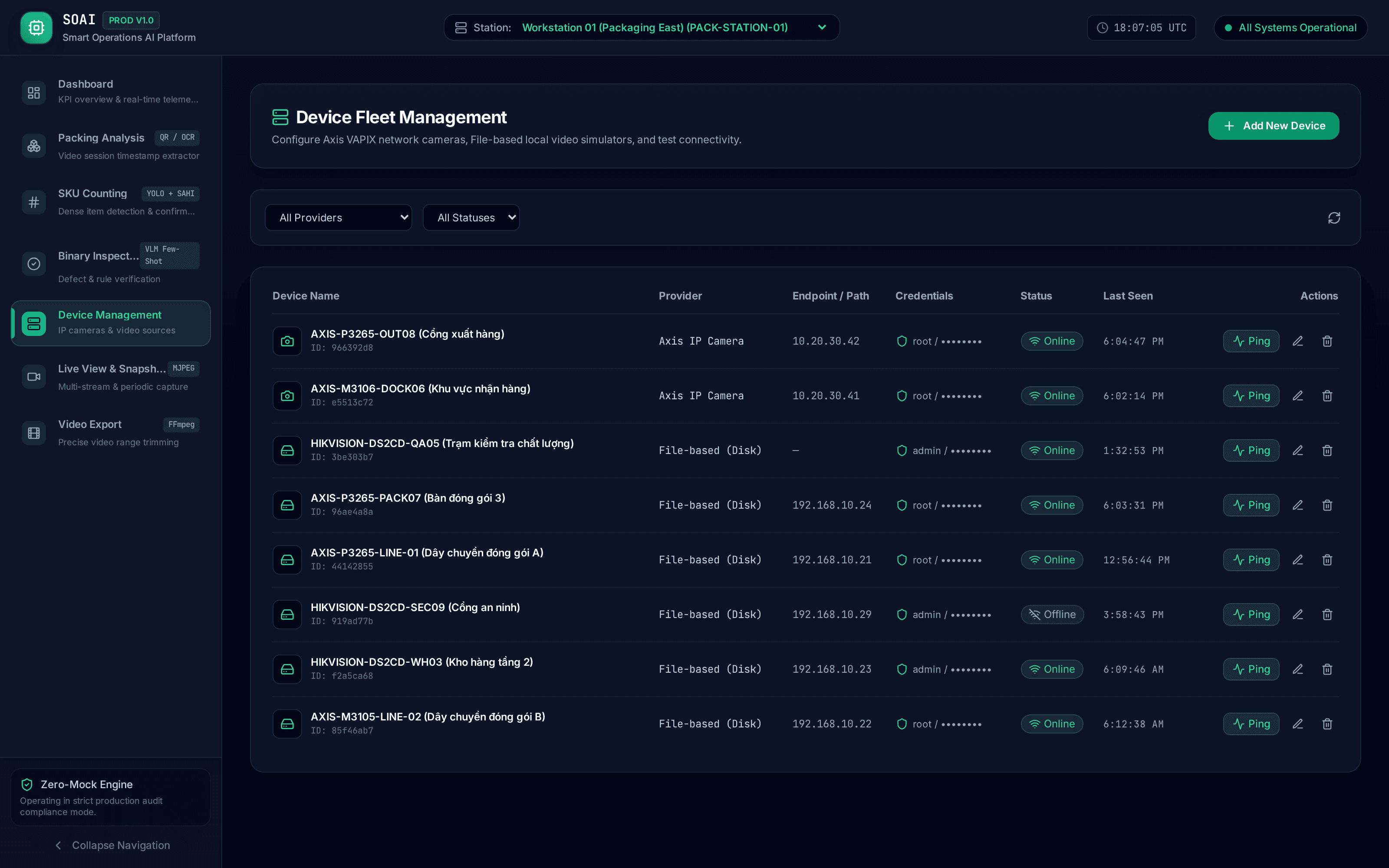 SOAI device management screen, listing registered Axis and Hikvision cameras with their connection status