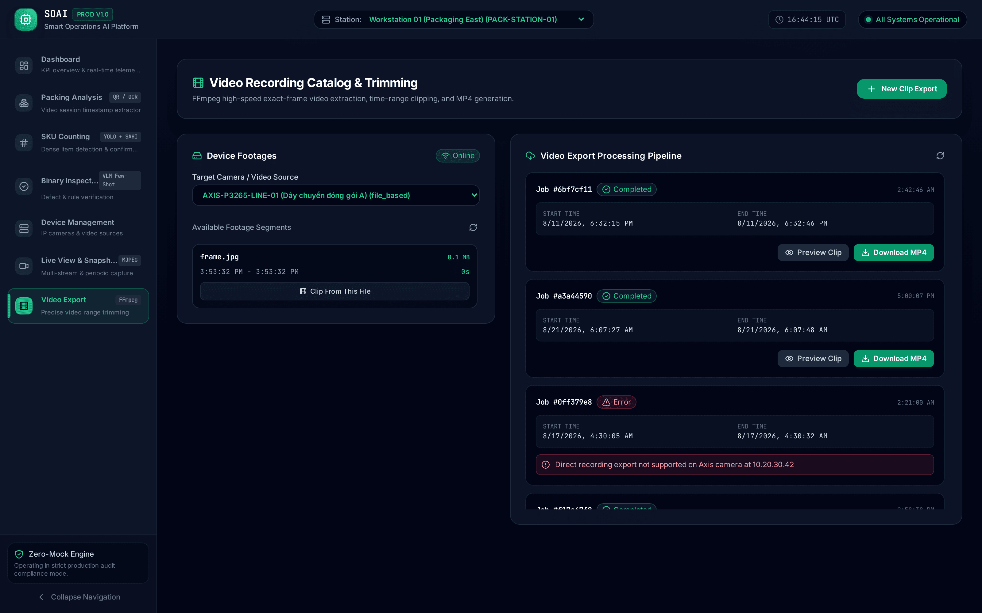 SOAI video recording and export screen, listing FFmpeg clip export jobs by time range and processing status